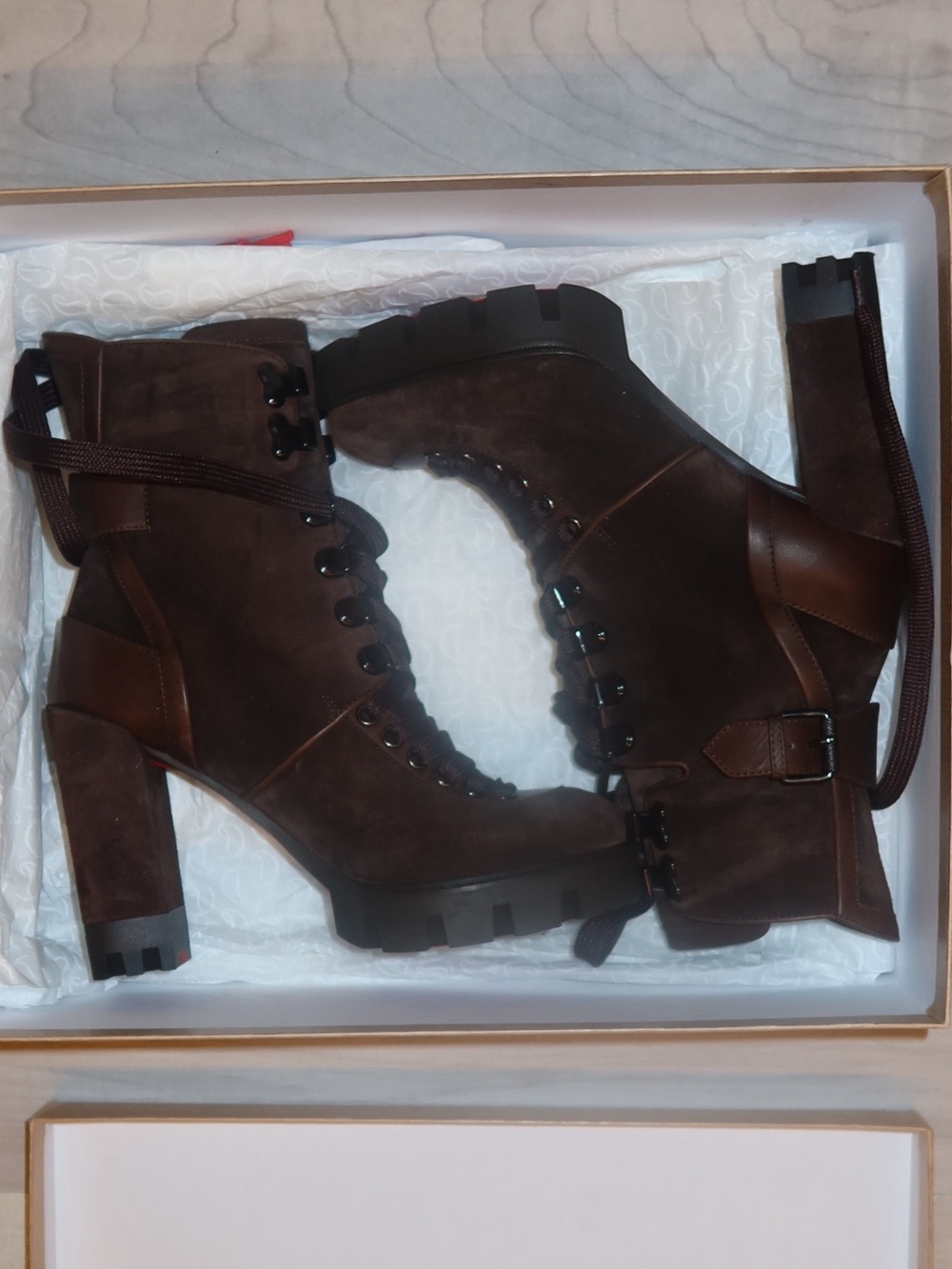 Christian Louboutin Dark Brown Suede Lace-Up Lug Heel Boots